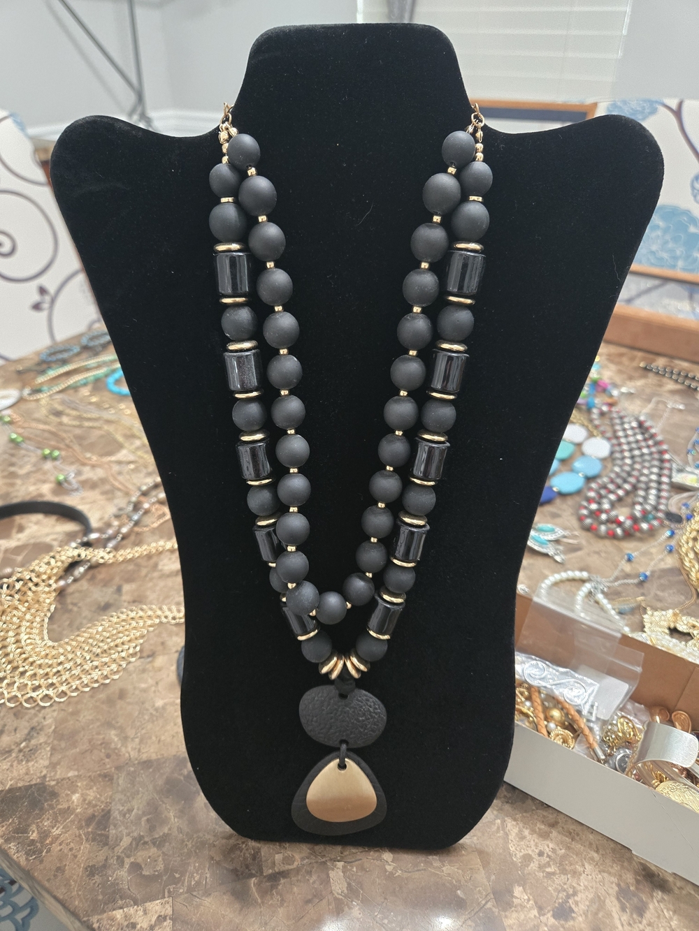 Matte Black Double-Strand Beaded Pendant Necklace
